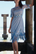 Load image into Gallery viewer, LAST ONES! Only a few remain. Sky Blue Beaded Fringe Flapper Cocktail Dress Sizes, 8 & 10