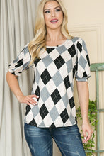 Load image into Gallery viewer, Argyle Print Puff Sleeve Knit Jersey Top, See Both Colors! USA 🇺🇸