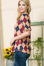 Load image into Gallery viewer, Argyle Print Puff Sleeve Knit Jersey Top, See Both Colors! USA 🇺🇸