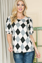 Load image into Gallery viewer, Argyle Print Puff Sleeve Knit Jersey Top, See Both Colors! USA 🇺🇸