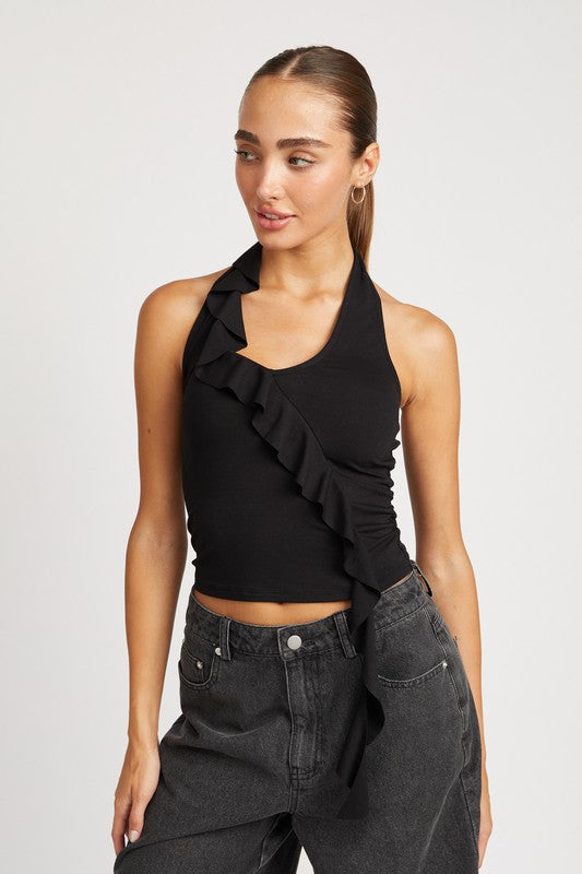 Emory Park Ruffled Halter Top Classic Style, White/Black USA 🇺🇸 Women's Casual Shirt, Apparel