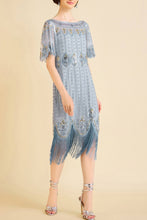 Load image into Gallery viewer, LAST ONES! Only a few remain. Sky Blue Beaded Fringe Flapper Cocktail Dress Sizes, 6/8/10