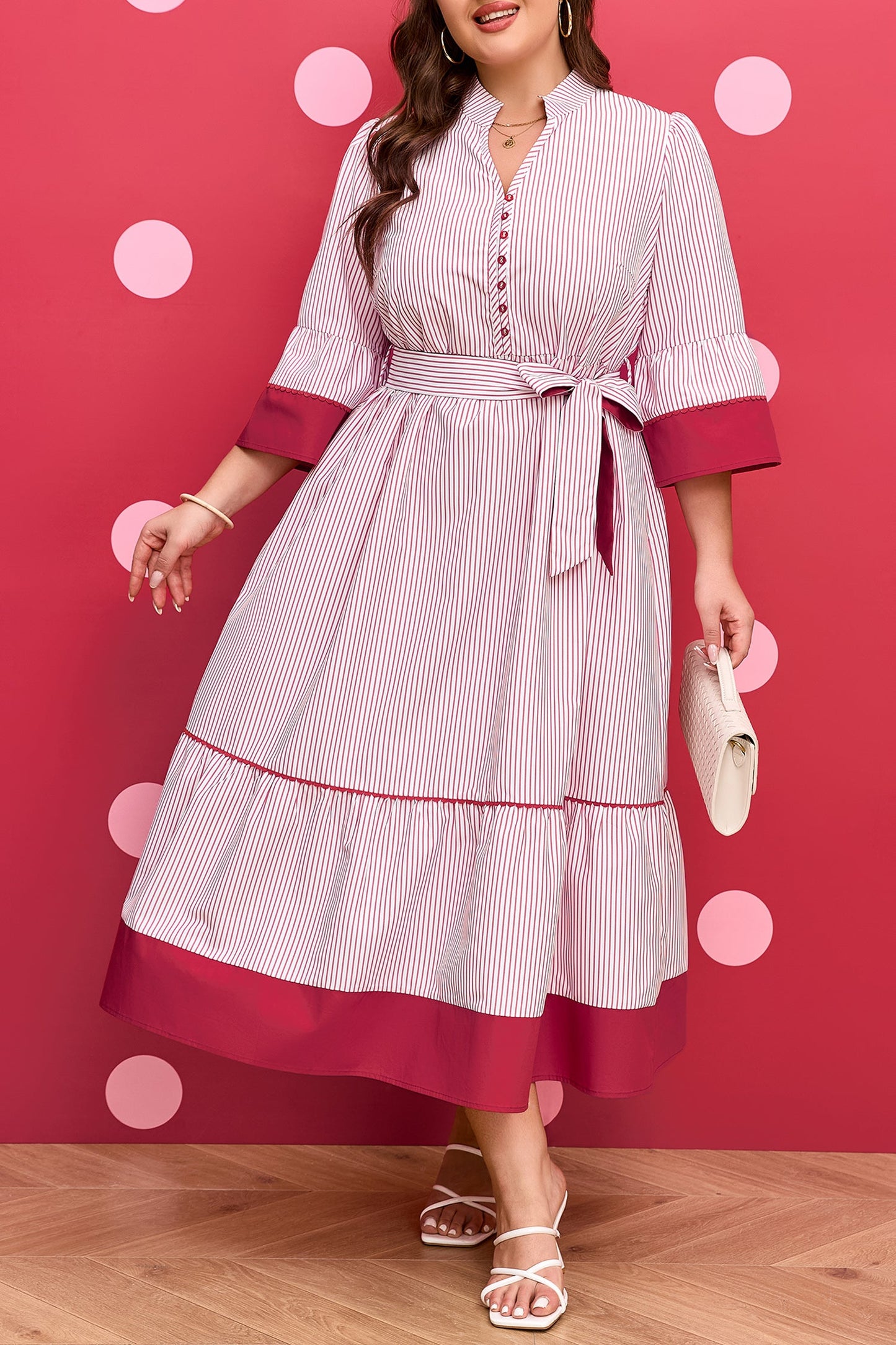 LAST ONES, Lovely Charlee Hem Pinstriped Midi PLUS Day Dress