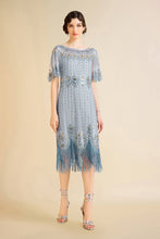 Load image into Gallery viewer, LAST ONES! Only a few remain. Sky Blue Beaded Fringe Flapper Cocktail Dress Sizes, 6/8/10