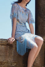 Load image into Gallery viewer, LAST ONES! Only a few remain. Sky Blue Beaded Fringe Flapper Cocktail Dress Sizes, 6/8/10