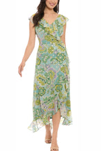 Load image into Gallery viewer, London Times Chiffon Green Metallic Floral Day Dress