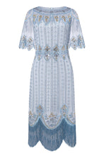 Load image into Gallery viewer, LAST ONES! Only a few remain. Sky Blue Beaded Fringe Flapper Cocktail Dress Sizes, 8 & 10