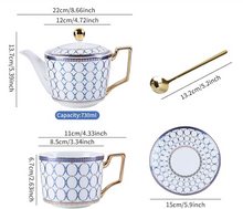 Load image into Gallery viewer, Bone China White with Gilt Gold & Blue Tea Pot, Matching Tea Cups/Saucers/Spoons
