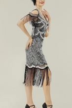 Load image into Gallery viewer, LAST ONES Bee's Knees, Silver & Black Off-Shoulder Cocktail Deco Flapper, LG & XLG REMAINING Party Attire, Women's Clothing