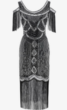 Load image into Gallery viewer, LAST ONES Bee's Knees, Silver & Black Off-Shoulder Cocktail Deco Flapper, LG & XLG REMAINING Party Attire, Women's Clothing