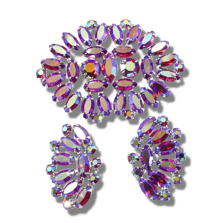 Mid Century Jewelry - B David Aurora Borealis Brooch & Earring Set   USA 🇺🇸