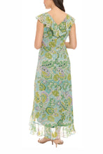 Load image into Gallery viewer, London Times Chiffon Green Metallic Floral Day Dress