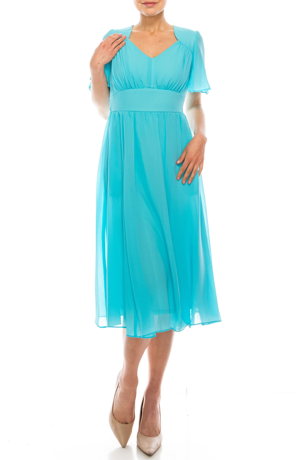 Gabby Skye Turquoise Crepe Chiffon Midi, SM Sizes 6 & 8 ONLY! Women's Day Dress, Casual, Office Apparel