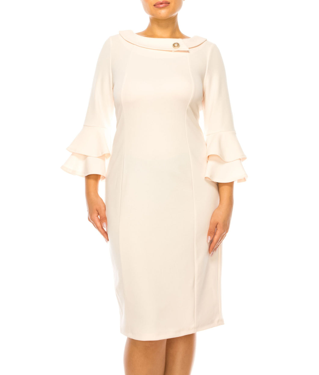 Last One! Size 16 - Jessica Rose, Peach Collared & Bell Sleeve Day Dress  Women's Mother of the Bride, Modest Apparel