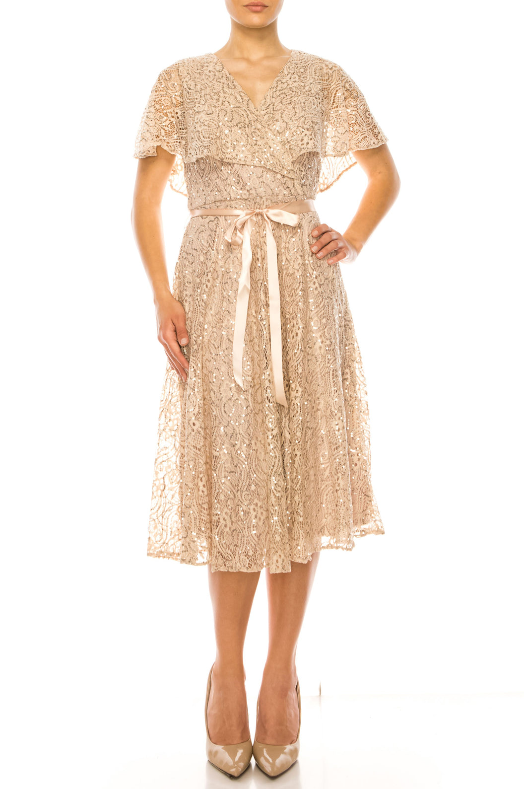 Last One, Price Drop! ONLY Sizes 6 Remaining!  Julian Taylor Sequin & Lace Party Dress Midi, Cocktail Apparel, Modest in Vegas Attire