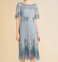 Load image into Gallery viewer, LAST ONES! Only a few remain. Sky Blue Beaded Fringe Flapper Cocktail Dress Sizes, 6/8/10