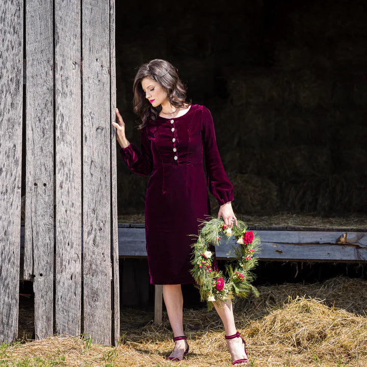 joy velvet dress w/rhinestone buttons sm & med