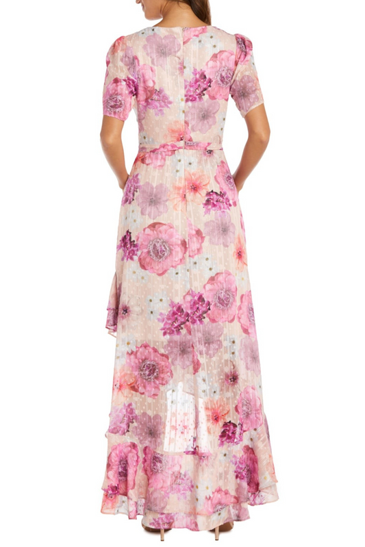 Last One! Size SM/8 - Nightway Chiffon Floral Metallic Flutter Maxi Day Dress