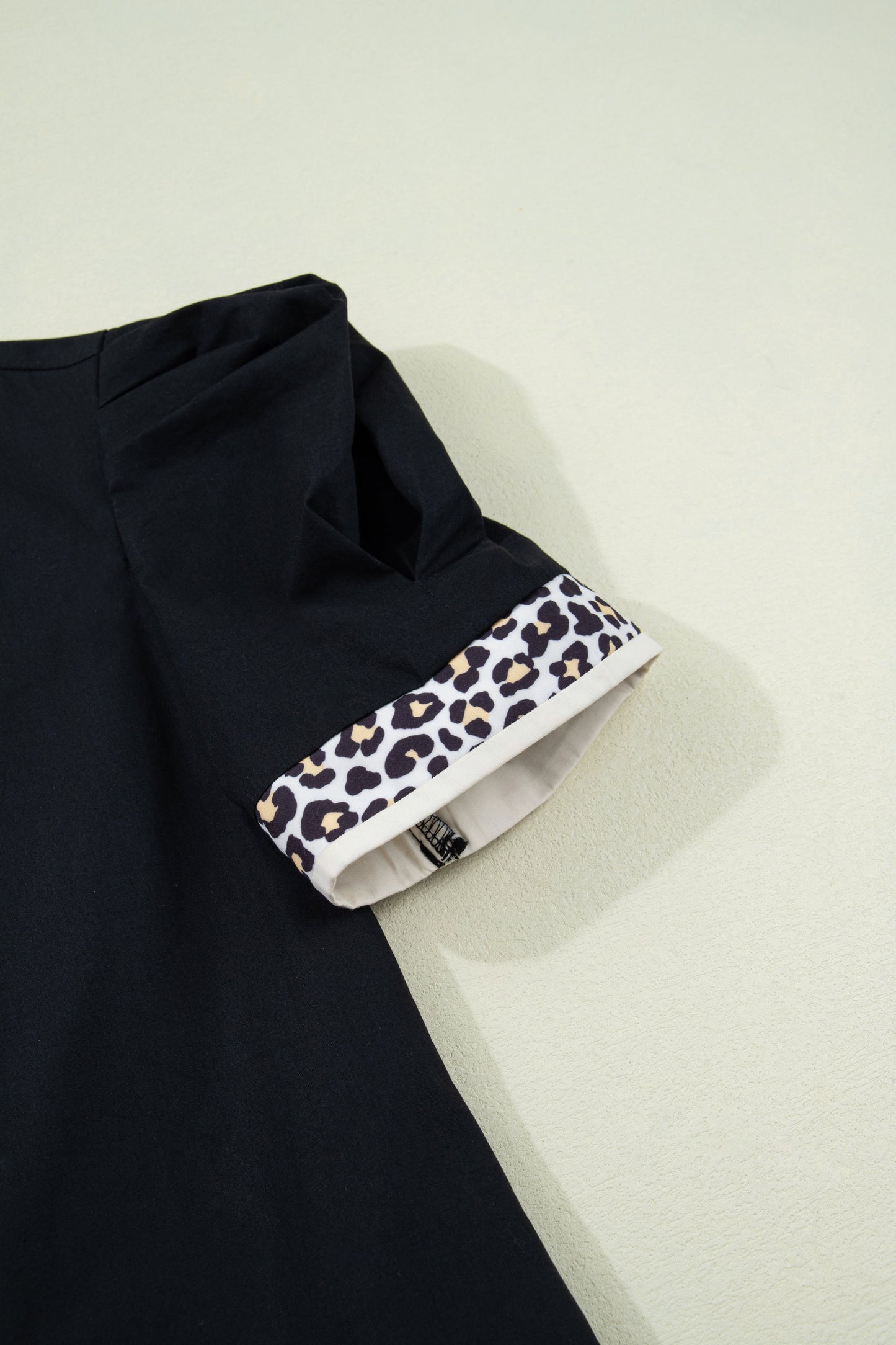 100% Cotton Leopard Trim, Puff Sleeve Shift Mini Day Dress