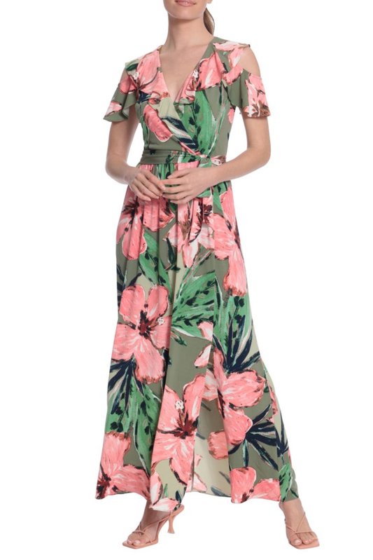 LAST ONE! SIZE LG/16 London Times Floral Print w/Front Slit Maxi Day Dress