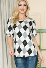 Load image into Gallery viewer, Argyle Print Puff Sleeve Knit Jersey Top, See Both Colors!  USA 🇺🇸
