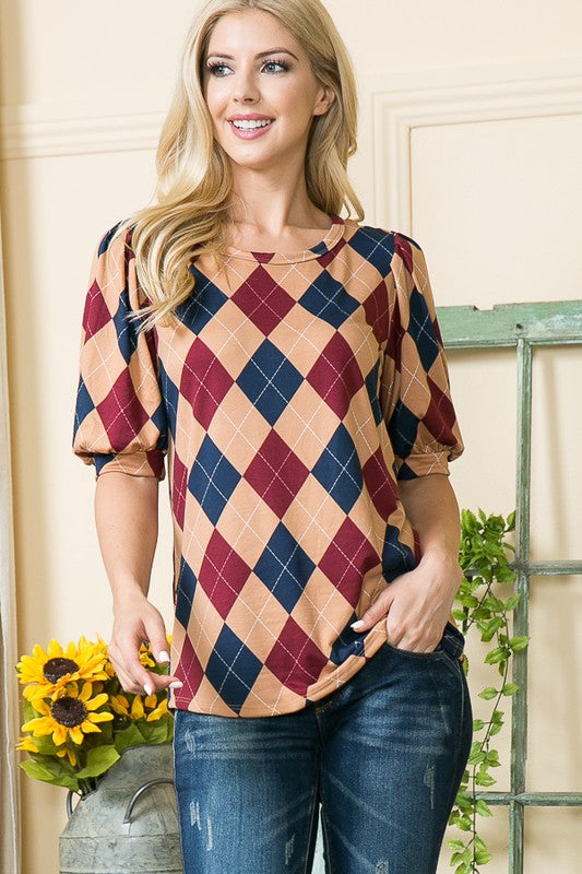 Argyle Print Puff Sleeve Knit Jersey Top, See Both Colors!  USA 🇺🇸