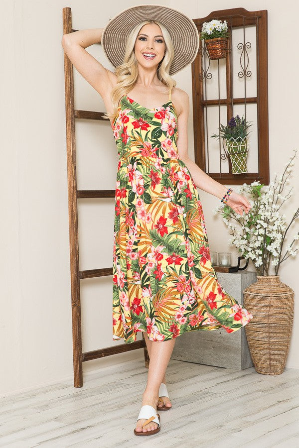 Tropical Print Eyelet Midi Dress USA 🇺🇸 Yellow or Navy
