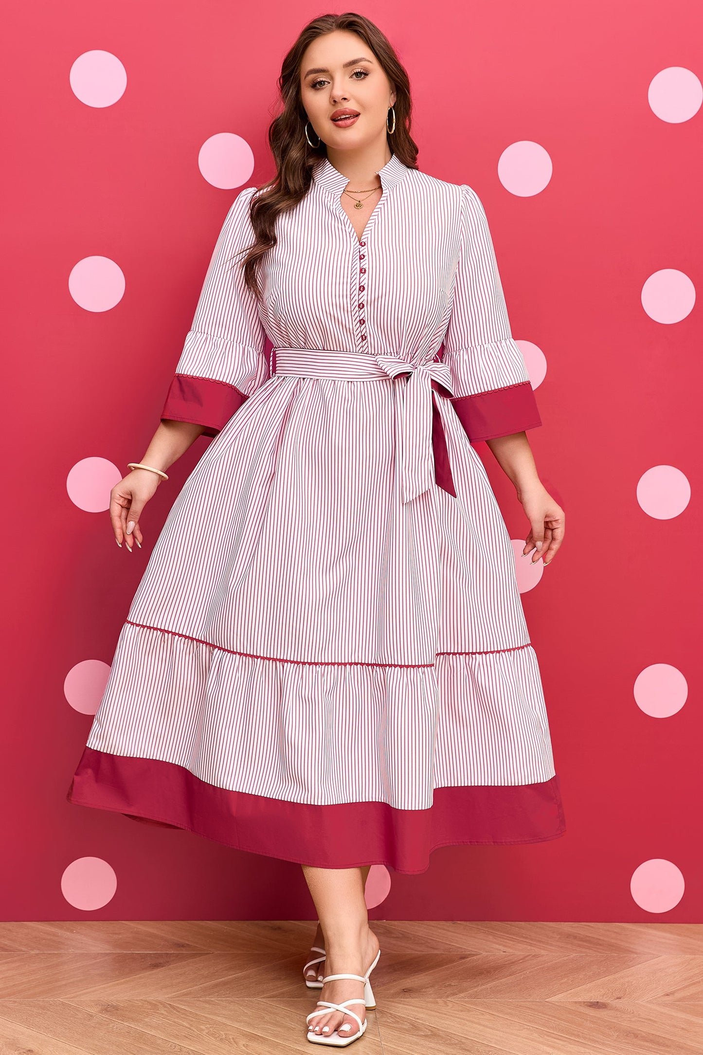 LAST ONES, Lovely Charlee Hem Pinstriped Midi PLUS Day Dress