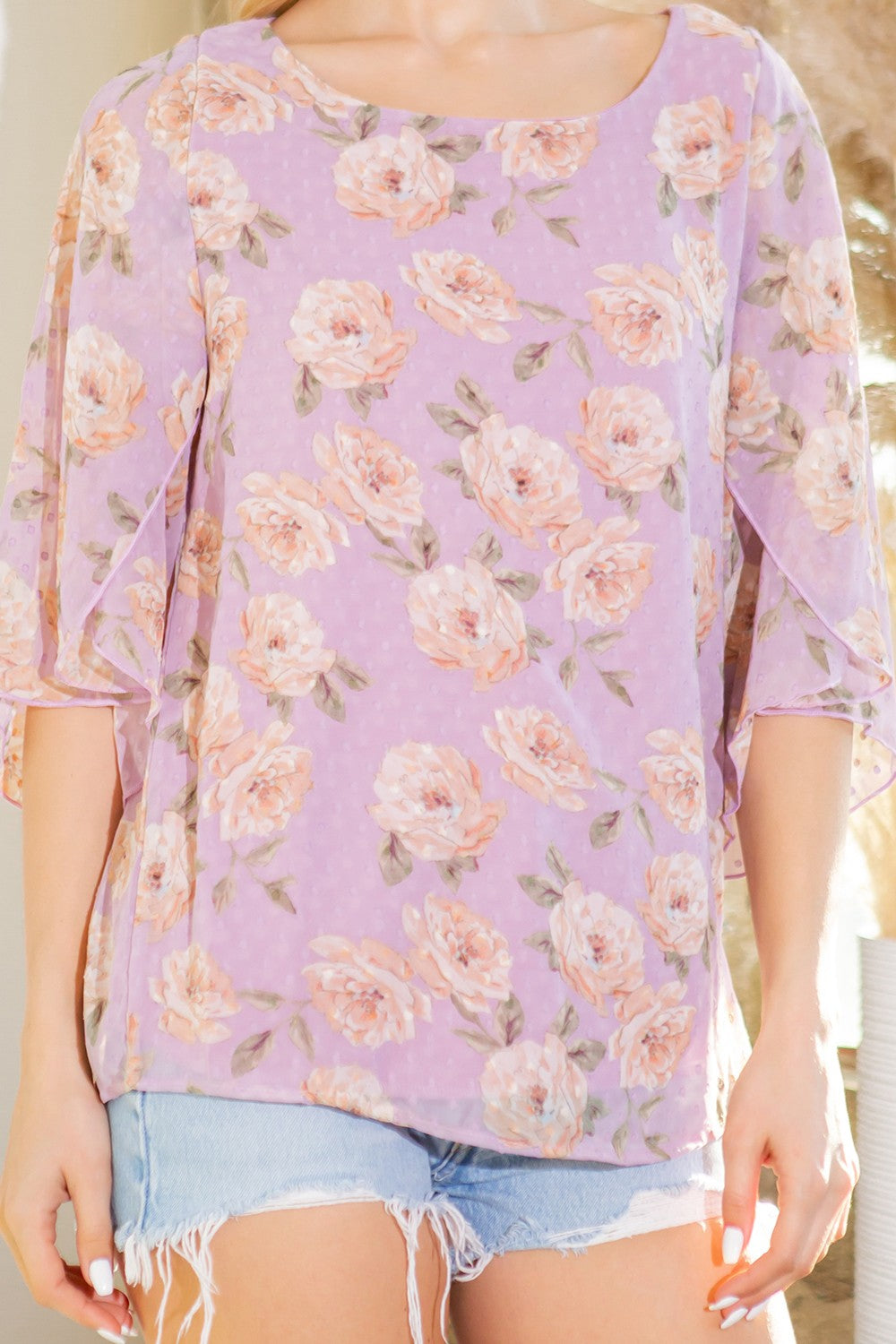 Swiss Dot Floral Print Split Sleeve Blouse USA 🇺🇸