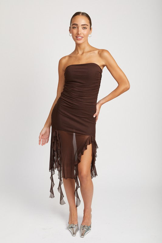 Chocolate Ruched & Ruffled Mini Cocktail Dress, USA 🇺🇸 American Made Women's Apparel