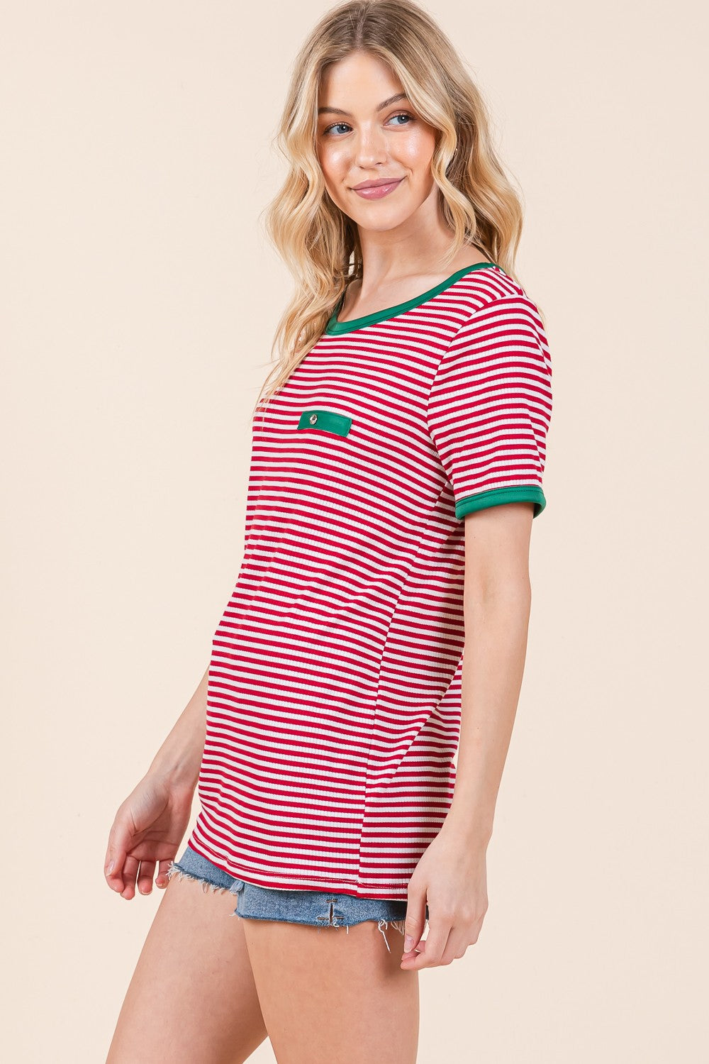 Stripe Ribbed T Shirt with Contrast Binding USA 🇺🇸