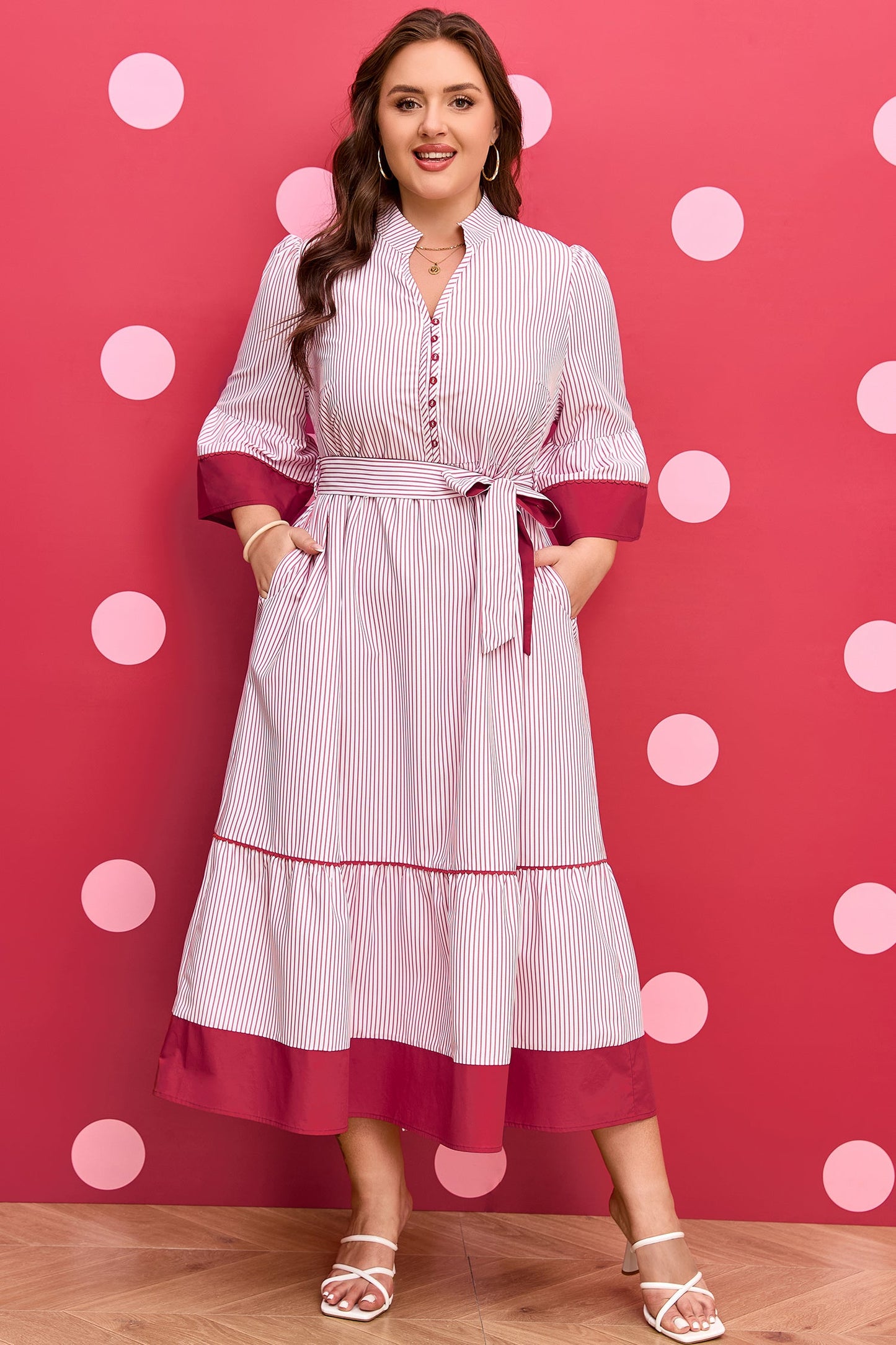 LAST ONES, Lovely Charlee Hem Pinstriped Midi PLUS Day Dress