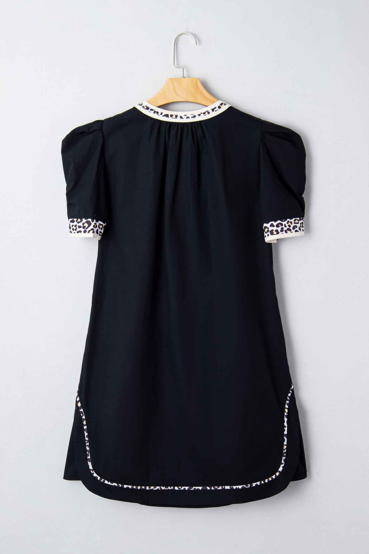100% Cotton Leopard Trim, Puff Sleeve Shift Mini Day Dress