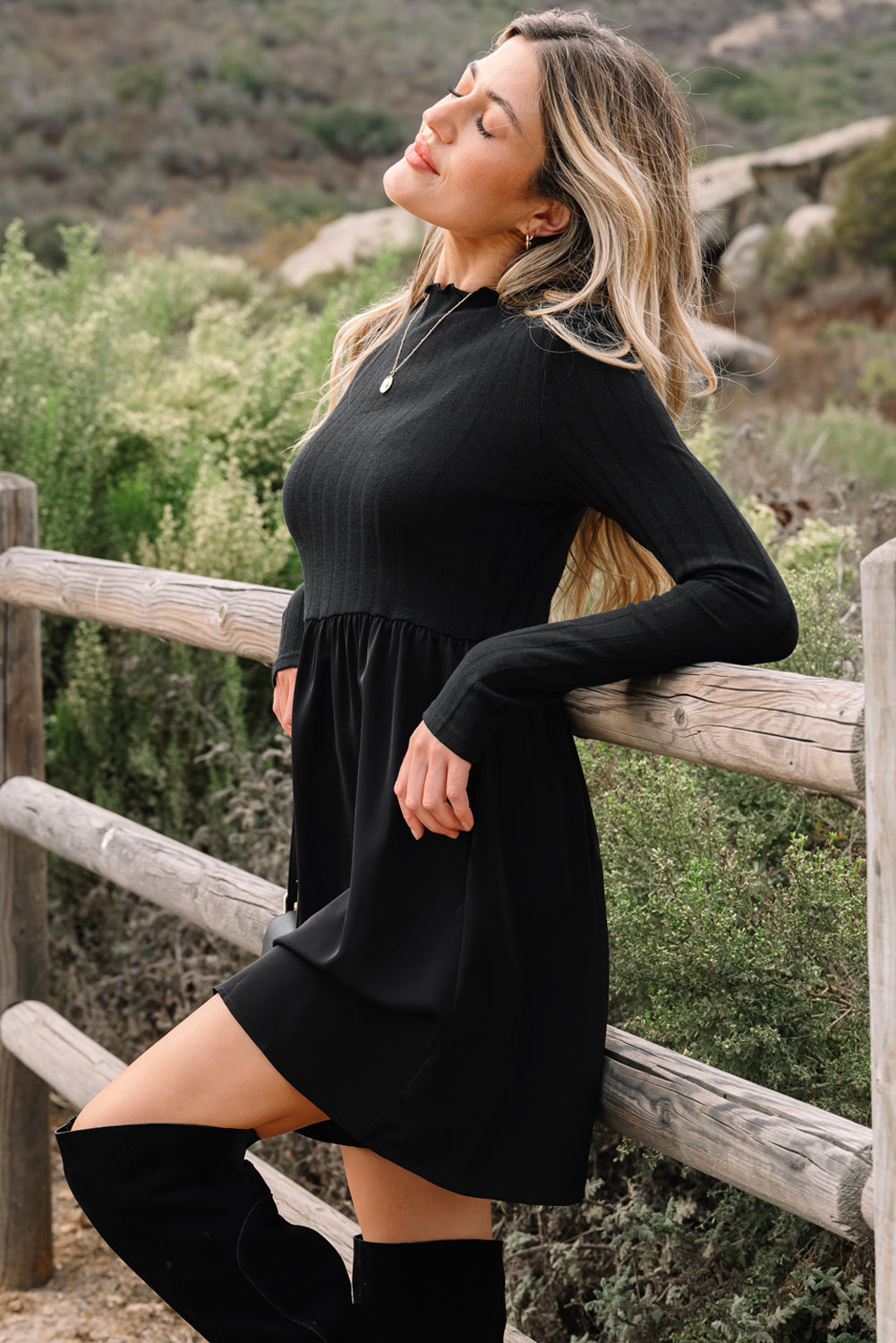 Ribbed Bodice, Long Sleeve Mini Dress, Black or Red