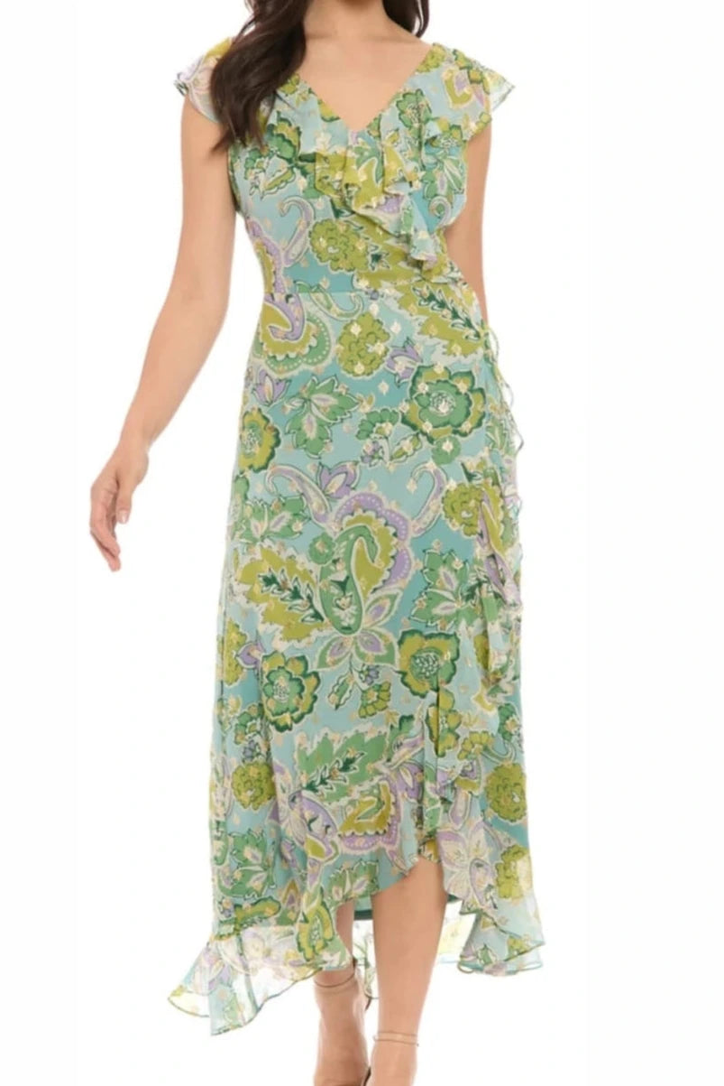 Woman wearing a floral dress on a white background