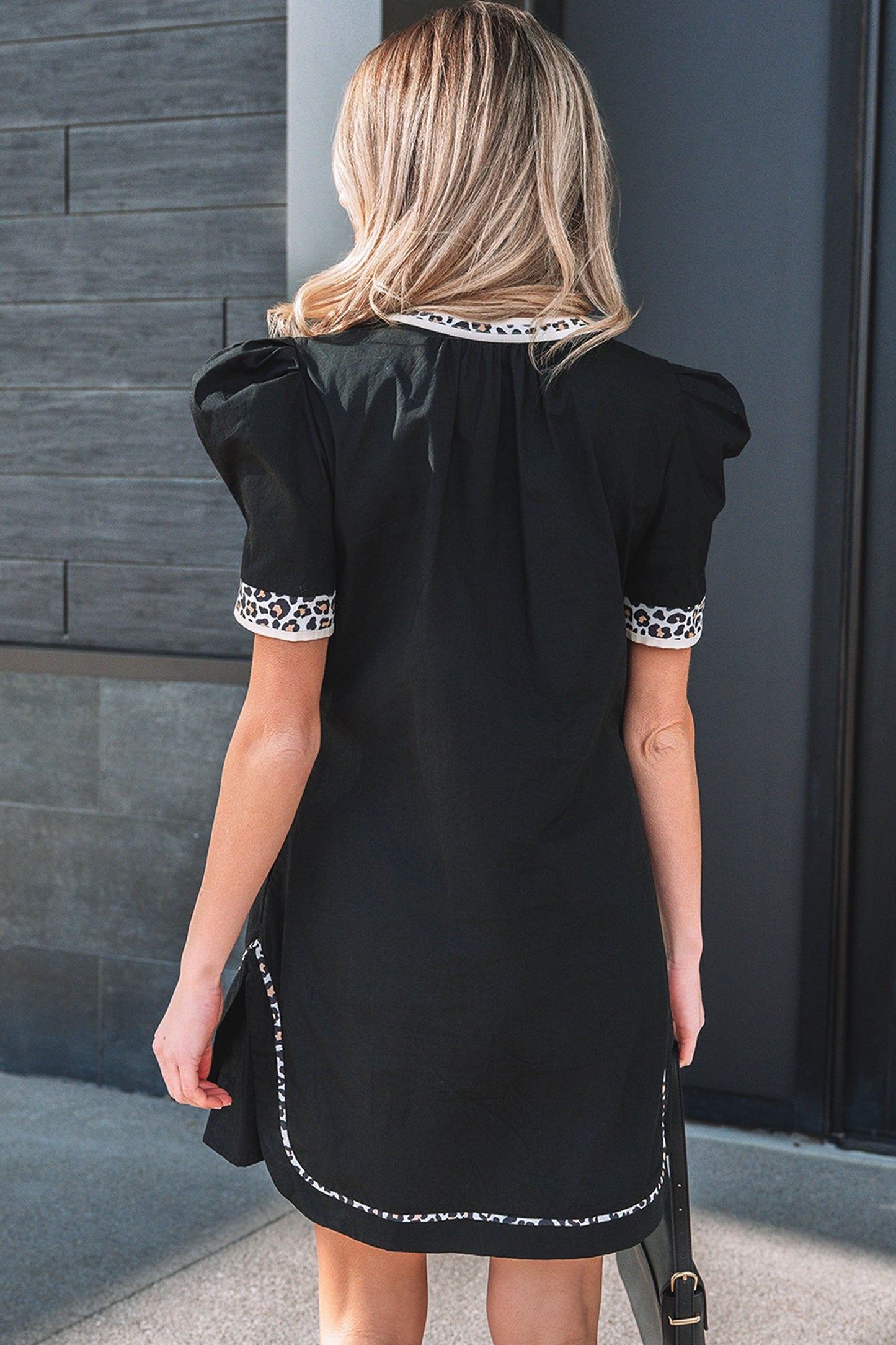 100% Cotton Leopard Trim, Puff Sleeve Shift Mini Day Dress