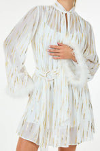 Load image into Gallery viewer, CQbyCQ&#39;s Metallic Print &amp; Feathered Cocktail Mini, Women&#39;s Party, New Years! Holiday Apparel, Evening Attire
