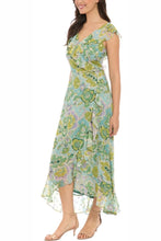 Load image into Gallery viewer, London Times Chiffon Green Metallic Floral Day Dress
