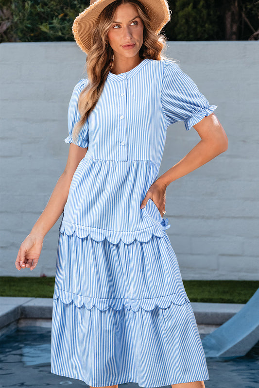 LAST ONES, Noah Stripe Tiered Scallop Long Dress By Threaded Pear