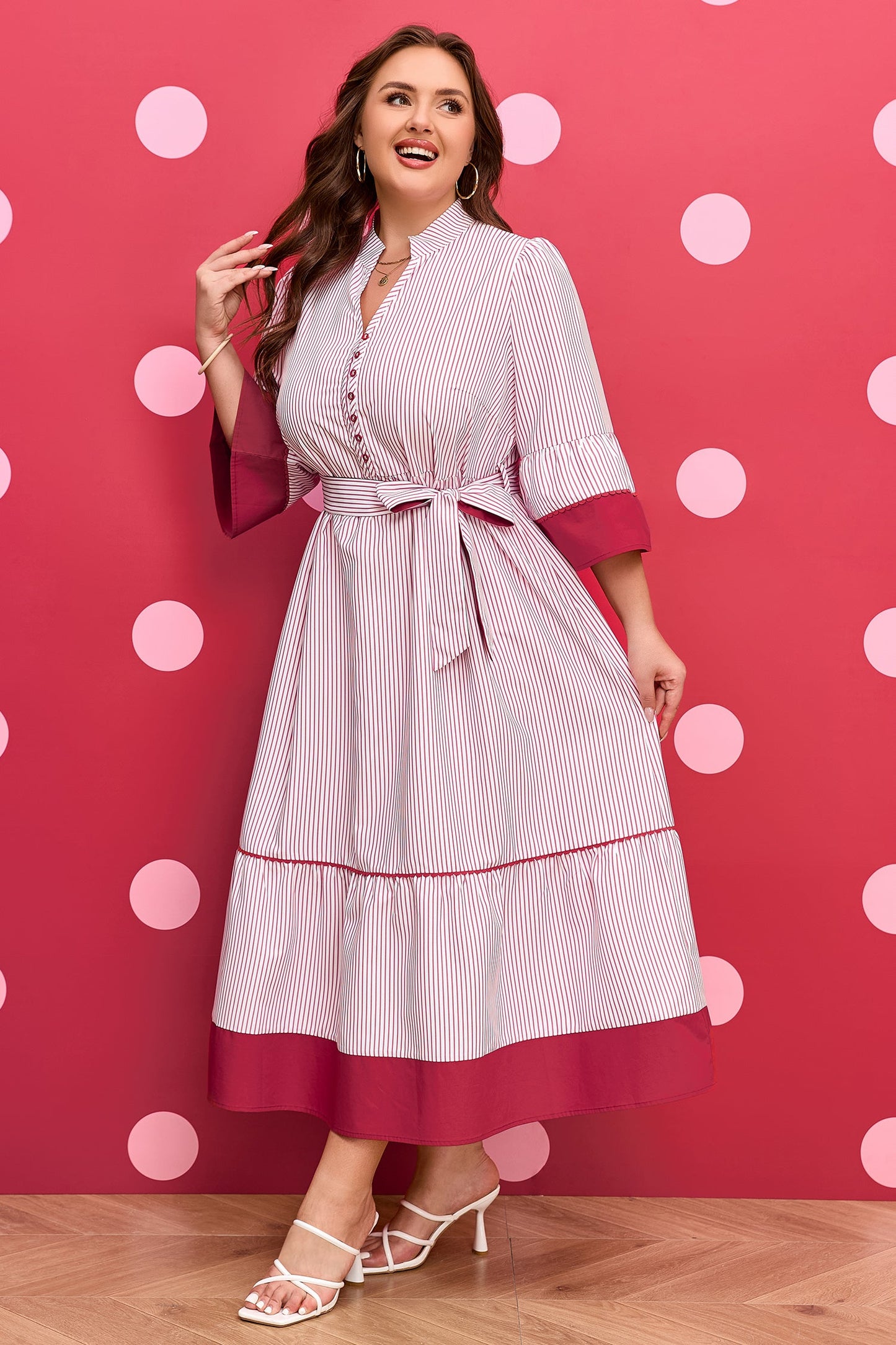 LAST ONES, Lovely Charlee Hem Pinstriped Midi PLUS Day Dress