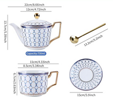 Load image into Gallery viewer, Bone China White with Gilt Gold &amp; Blue Tea Pot, Matching Tea Cups/Saucers/Spoons
