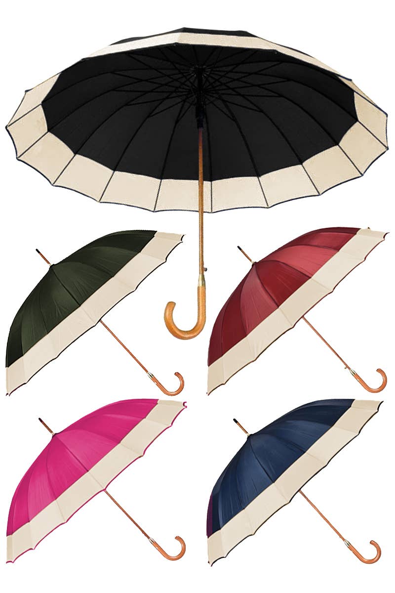Extra Wide, 16 Panel Wooden Handle Umbrella Black, Navy, Burgundy, Dark Green