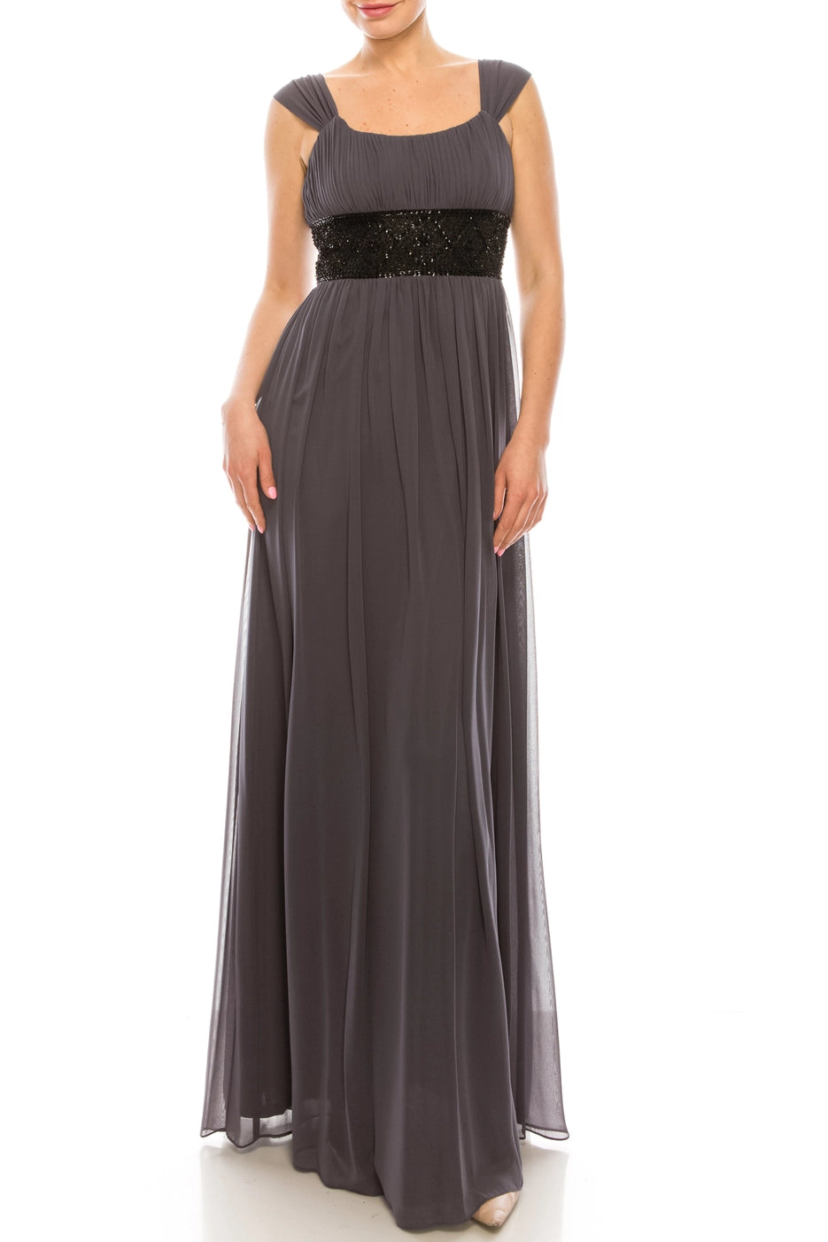 Decode, Dark Grey Ruched, & Empired Waisted Chiffon Maxi Gown SIZES 4/6/8 Available!