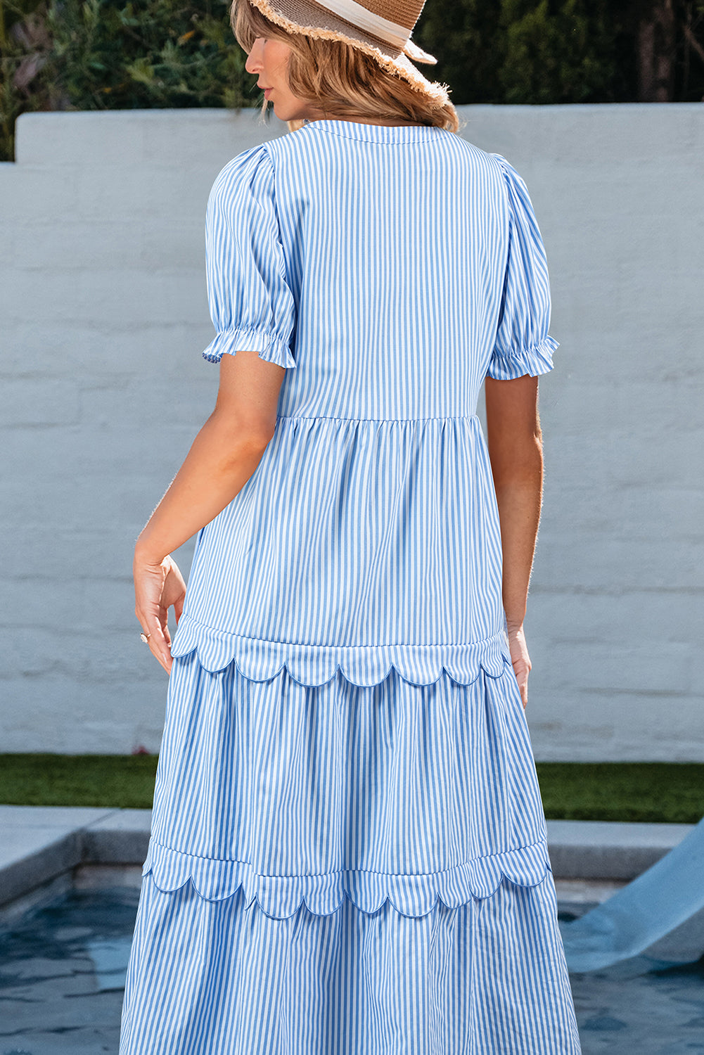 LAST ONES, Noah Stripe Tiered Scallop Long Dress By Threaded Pear