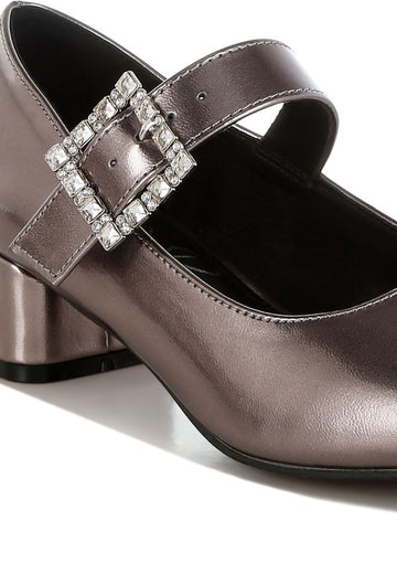 Rag Company Diamante-Brooch Metallic Mary Jane Pumps, SEE ALL 3 COLORS, Whole Sizes Only
