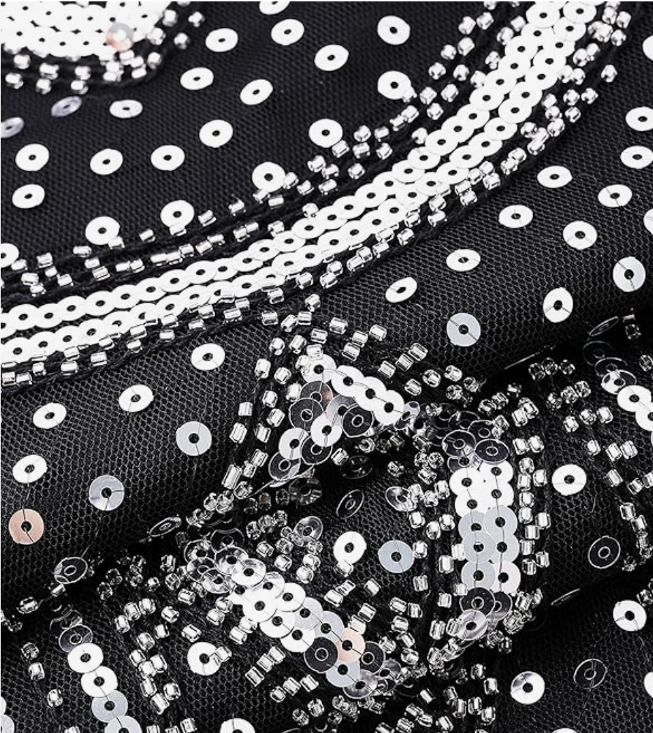 LAST ONES Bee's Knees, Silver & Black Off-Shoulder Cocktail Deco Flapper, SIZE LG REMAINING Party Attire, Women's Clothing