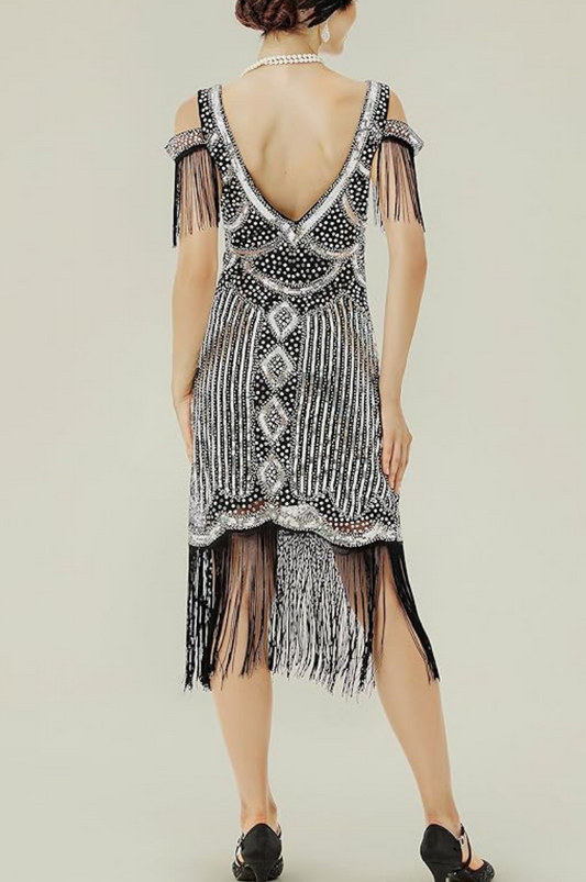 LAST ONES Bee's Knees, Silver & Black Off-Shoulder Cocktail Deco Flapper, SIZE LG REMAINING Party Attire, Women's Clothing