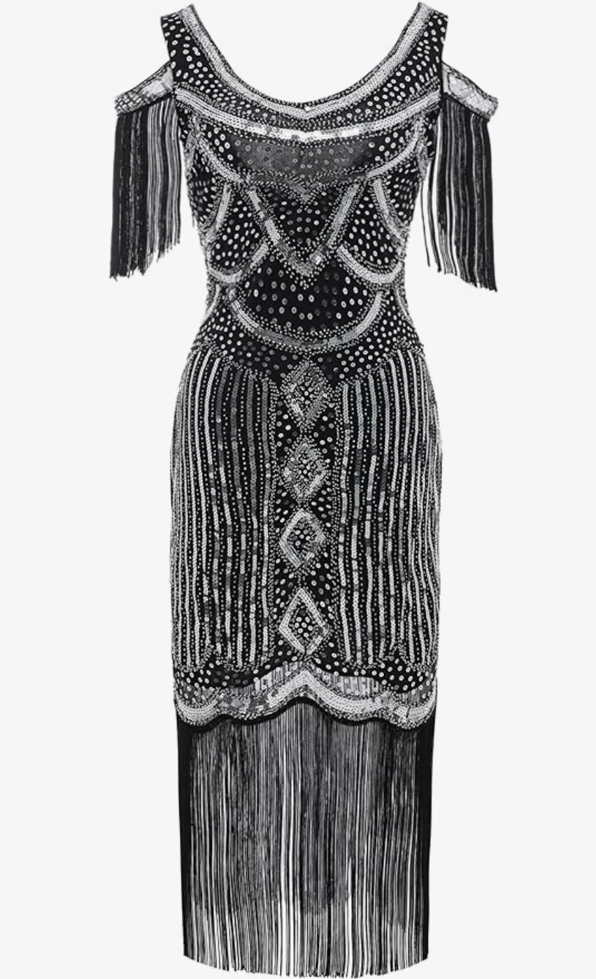 LAST ONES Bee's Knees, Silver & Black Off-Shoulder Cocktail Deco Flapper, SIZE LG REMAINING Party Attire, Women's Clothing