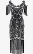 Load image into Gallery viewer, Bee&#39;s Knees, Silver &amp; Black Off-Shoulder Cocktail Deco Flapper, LG &amp; XLG REMAINING Party Attire, Women&#39;s Clothing
