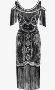 LAST ONES Bee's Knees, Silver & Black Off-Shoulder Cocktail Deco Flapper, LG & XLG REMAINING Party Attire, Women's Clothing